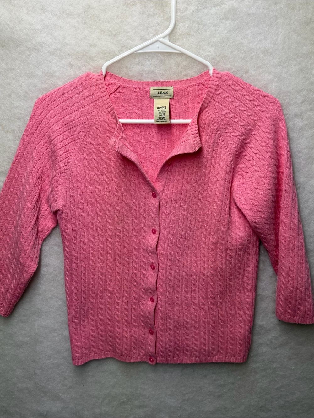 Vtg LL Bean Pink Cable Knit Cardigan Sweater Womens Small 3/4 Sleeve Cotton
